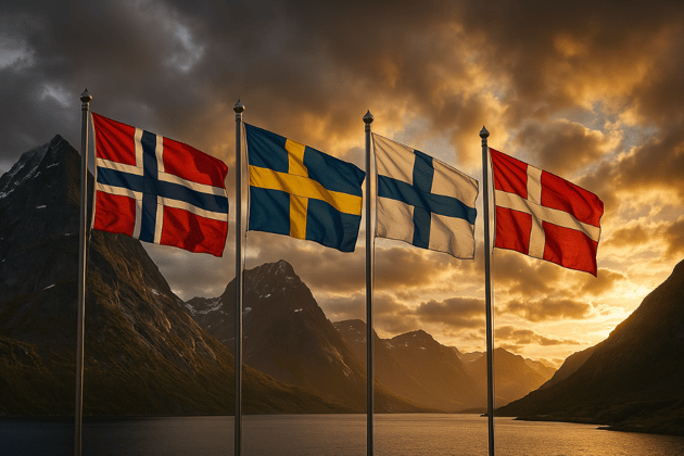 Flaggen von Norwegen, Schweden, Finnland und Dänemark in einer nordischen Landschaft mit dramatischen Licht