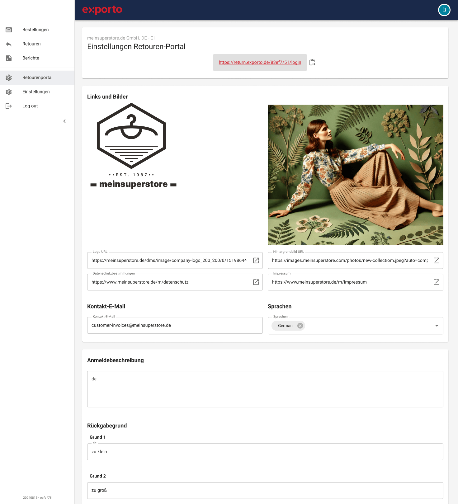 Retourenportal Einrichtung für Endkunden