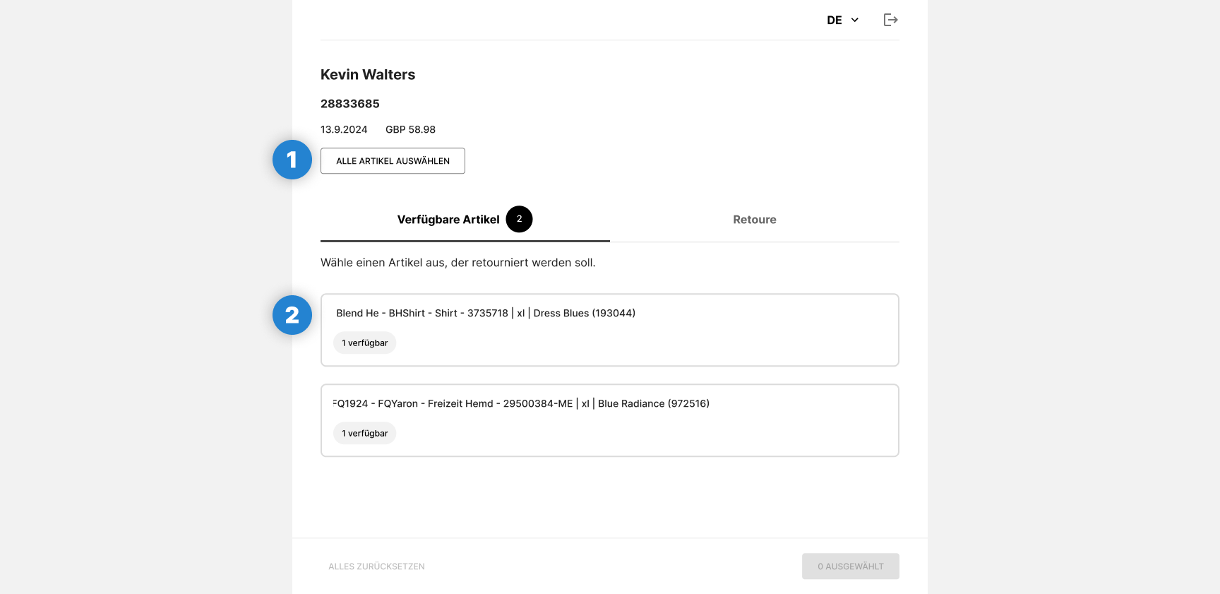 Retoureportal Übersicht der Bestellungen