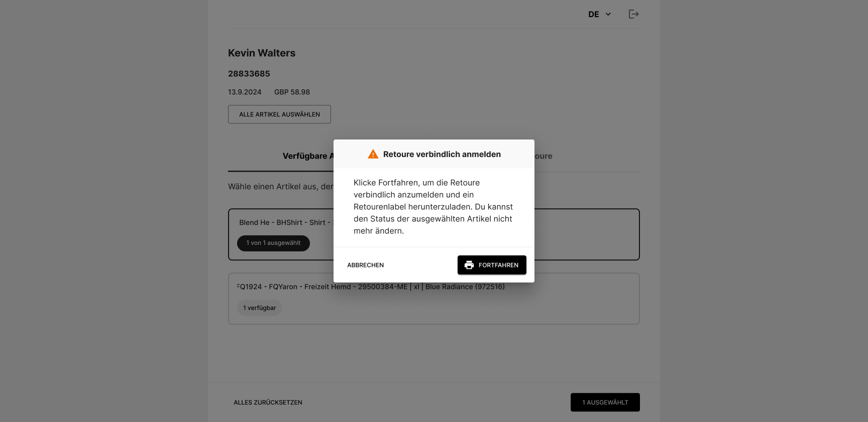 Retoureportal Endkunden Auswahl Artikel Bestätigung