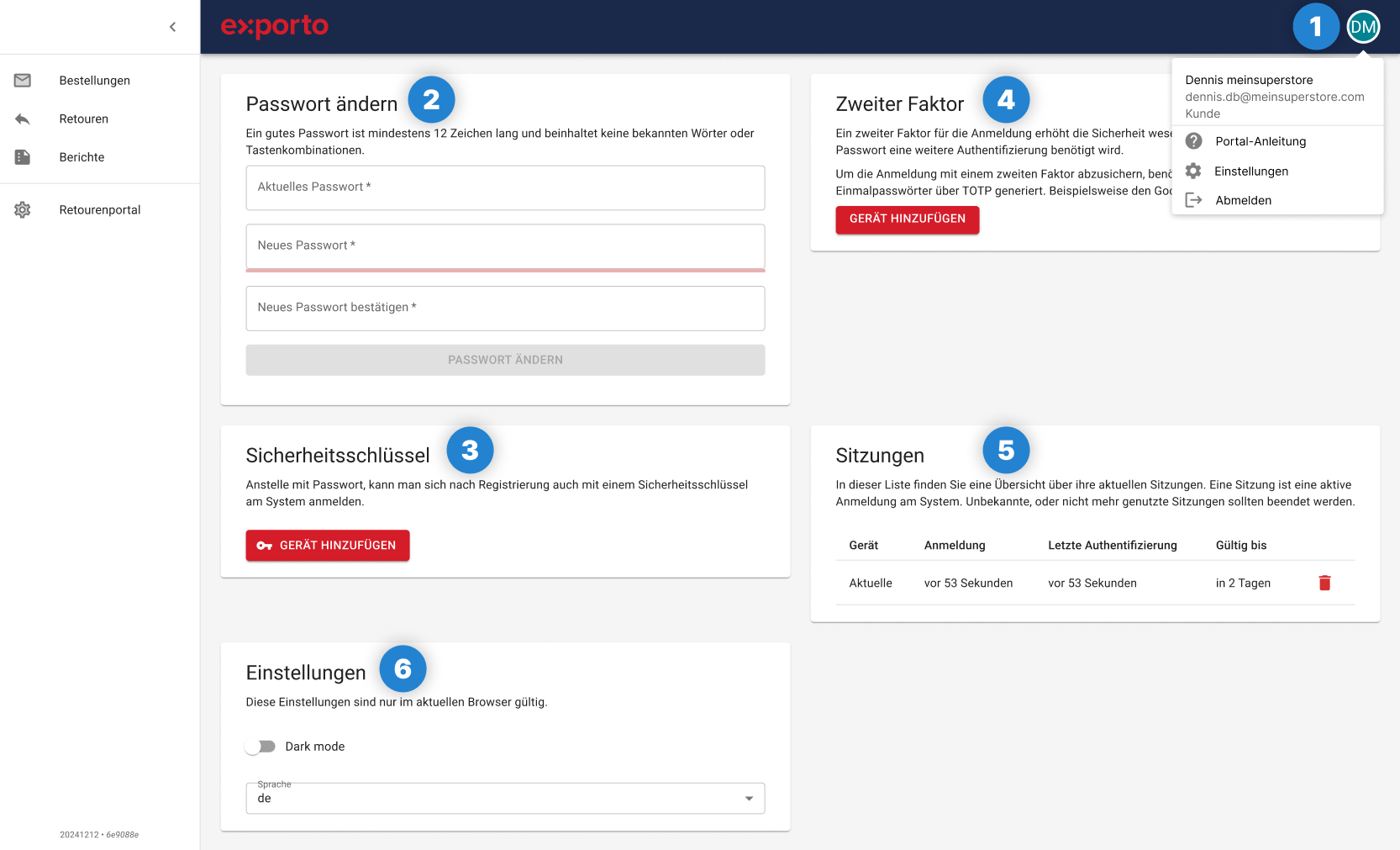 exporto-Portal Einstellungen Übersicht